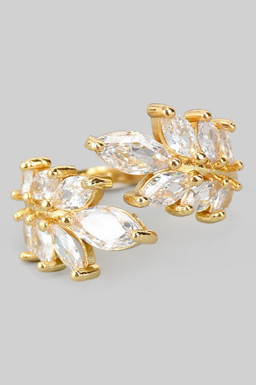 Lavish Brass Leaf Ring With Dazzling Cz Stones