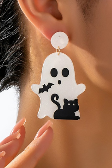 Glittery Acrylic Ghost Cat And Bat Drop Earrings