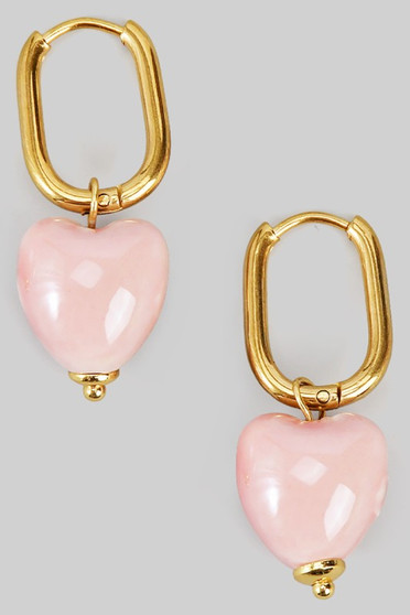 Stone Heart Charm Rectangular Hoop Earrings