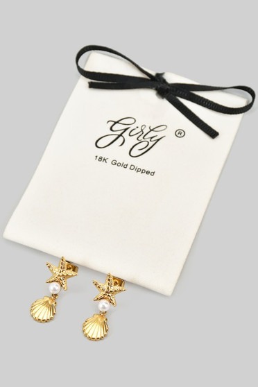 18K Gold Dipped Starfish Pearl And Clam Earrings