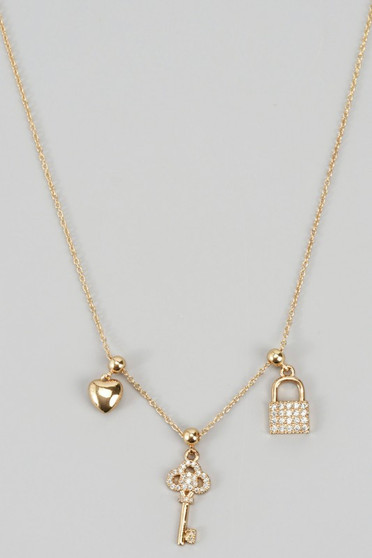 Cz Pave Lock Key And Puff Heart Charm Necklace