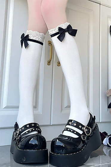 Frilly Lace With Bow Under The Knee Socks