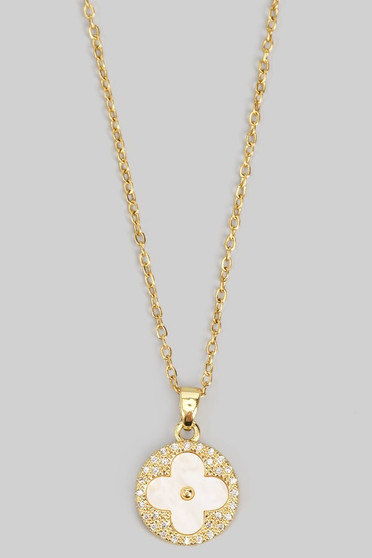 Stainless Steel Mop Cz Pave Pendant Necklace