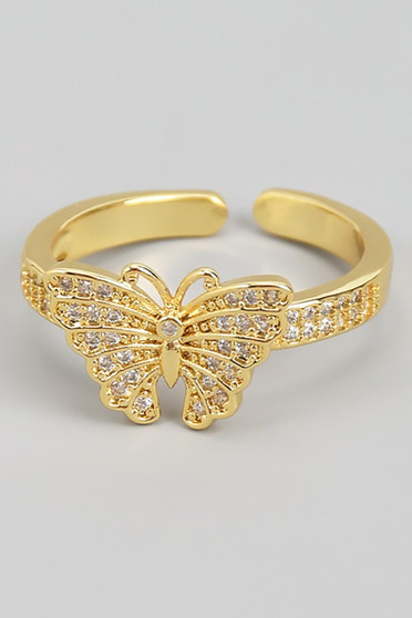 Brass Butterfly Ring With Cz Pave