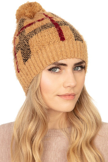 Checkered Pattern Furry Beanie.