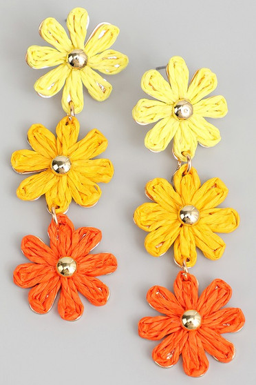 Tiered Multi Color Raffia Flower Earrings