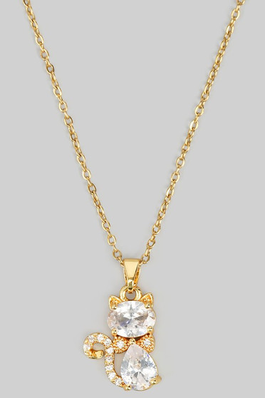 Stainless Steel Cz Cat Pendant Necklace