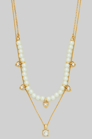 Layered Pearl Heart Charm And Cz Pendant Necklace