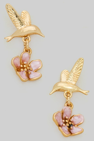Hummingbird Studs With Flower Charm