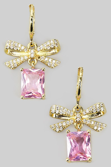 Cz Pave Bow Huggies With Pink Jewel Huggies