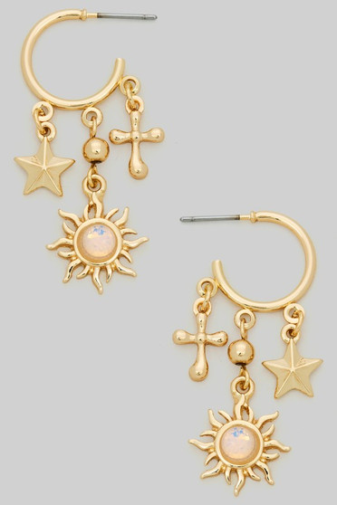 Sunburst Cross Star Charm Hoops