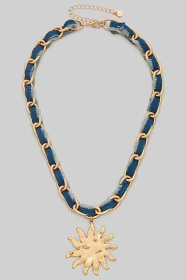 Hammered Sun Pendant Denim Fabric Necklace