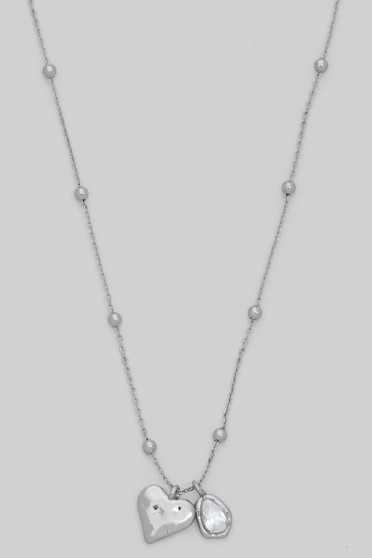 Hammered Heart And Cz Charm Ball Chain Necklace