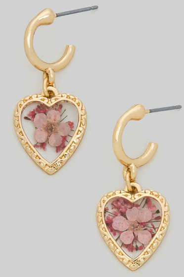 Pressed Flower Heart Drop Hoops