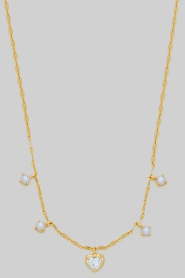 Cz Heart And Pearl Charm Brass Necklace
