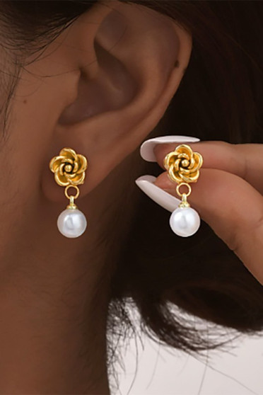 Rose Studs With Dangling Pearl