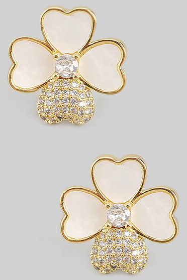 Mop And Cz Pave Clover Post Earrings