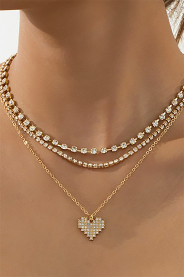 Three Piece Cz Layered Necklace With Heart Pendant