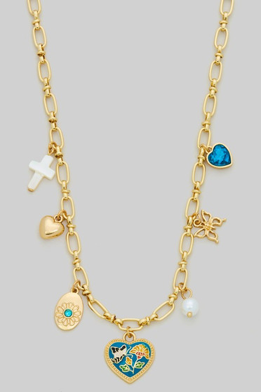 Color Heart Mop Cross Seven Charm Necklace