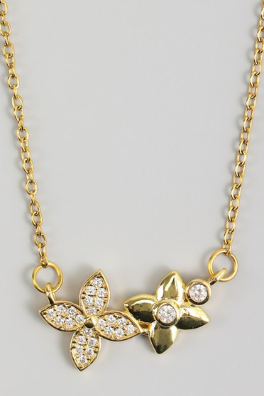 Stainless Steel Double Cz Clover Necklace