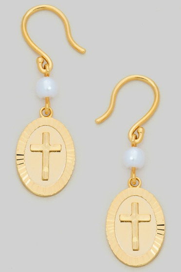Cross Charm Pearl Drop Earrings