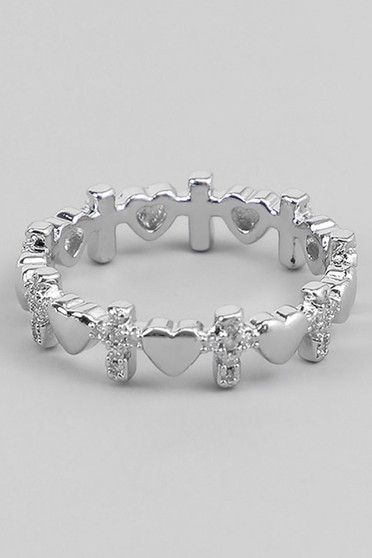 Dainty Cz Cross And Heart Link Ring