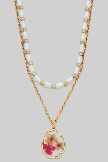 Layered Pearl And Pressed Flower Pendant Necklace