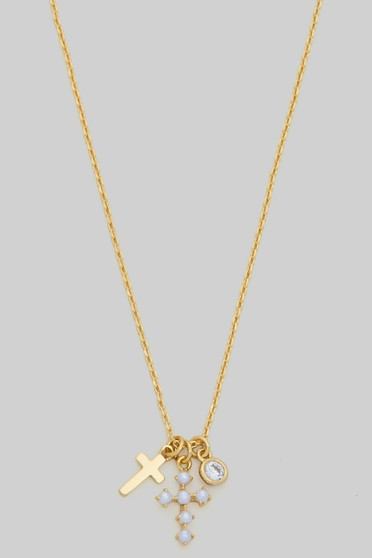 Three Charm Cross And Cz Pendant Necklace