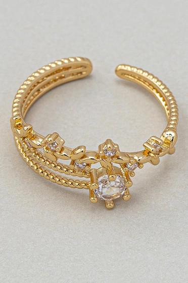 Brass Stack Ring With Leaf Cz Pave