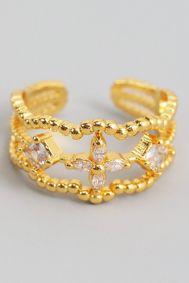 Wavy Beaded Ring With Flower And Diamond Cz