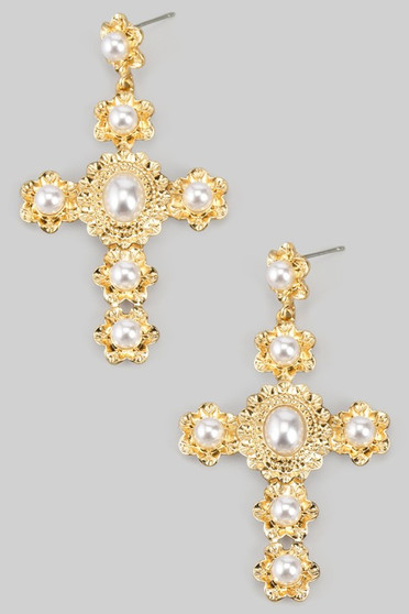 Pressed Detail Cross Drop Earrings With Pearls