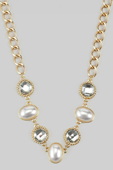 Pearl And Clear Stone Bib Necklace