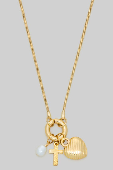 Heart Cross And Pearl Charm Necklace