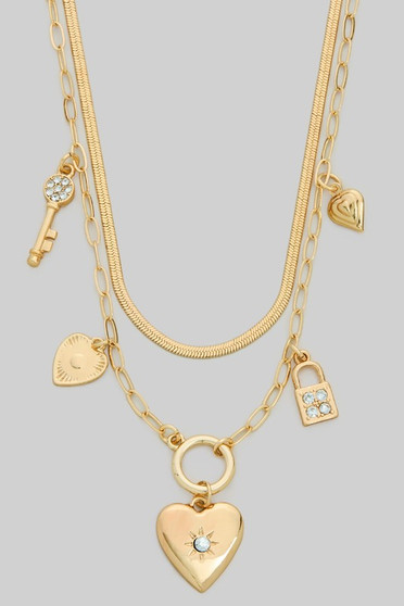 Multi Heart And Key Charms Layered Necklace