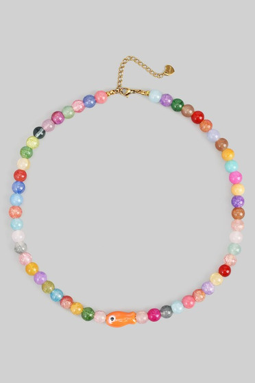 Multi Stone Bead Necklace With Ceramic Fish