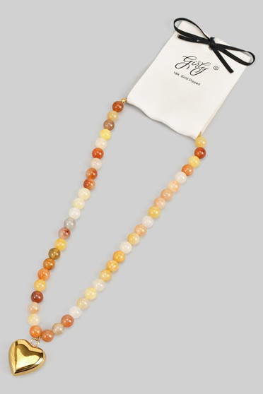 Stainless Stone Beaded Necklace Puff Heart Pendant