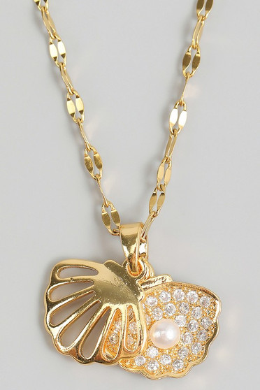 Stainless Steel Pave And Pearl Clam Necklace
