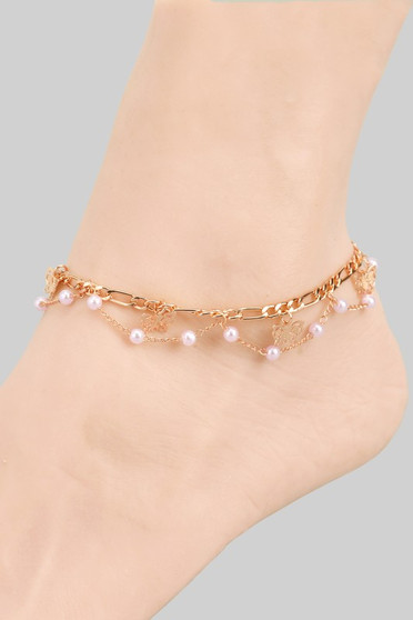 Butterfly And Pearl Charm Layered Chain Anklet