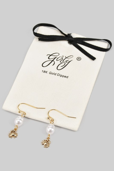 18K Gold Dipped Pearl And Crab Charm Drop Earrings