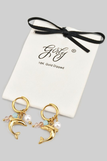 18K Gold Dipped Hoops With Dolphin Charm And Beads