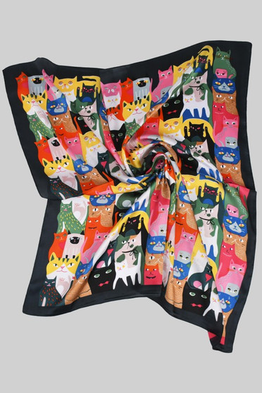 Multi Color Silky Cat Print Square Scarf