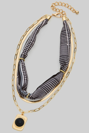 Black Scarf Layered Necklace Stone Pendant