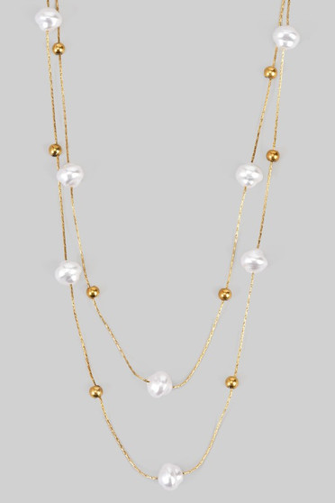 Stainless Steel Layered Bead And Fwp Necklace