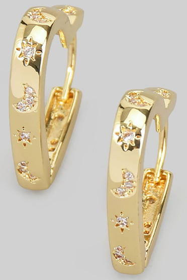 Brass Heart Hoops With Star And Moon Pave