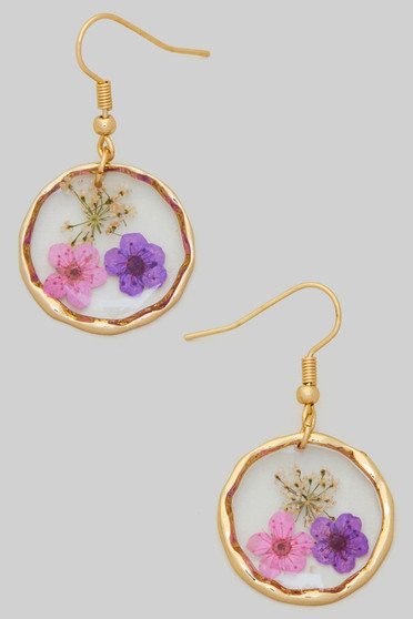Round Pressed Flower Drop Earrings