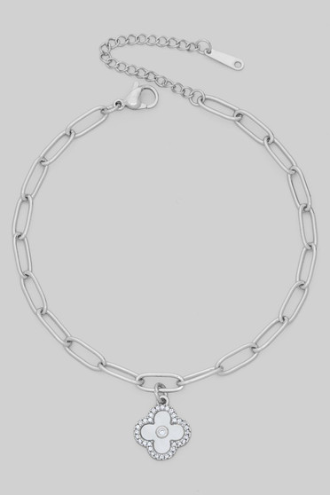 Mop Cz Clover Charm Stainless Steel Clip Chain Ank