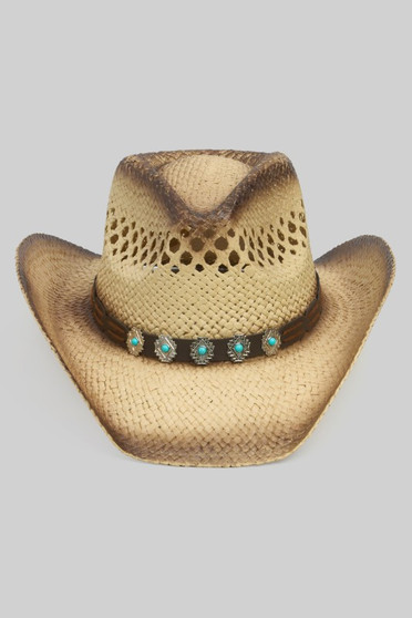 Aged Two Tone Cowboy Hat Tq Stone On Faux Leather 