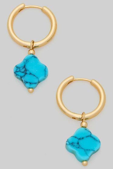 Turquoise Stone Clover Charm Hoops