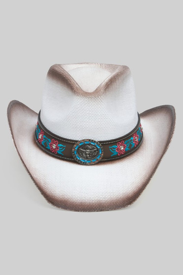 Straw Cowboy Hat Rhinestone Flower W Steer Concho