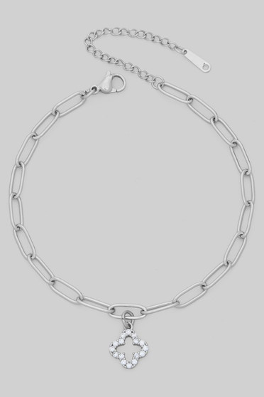 Stainless Steel Cz Clover Charm Clip Chain Anklet